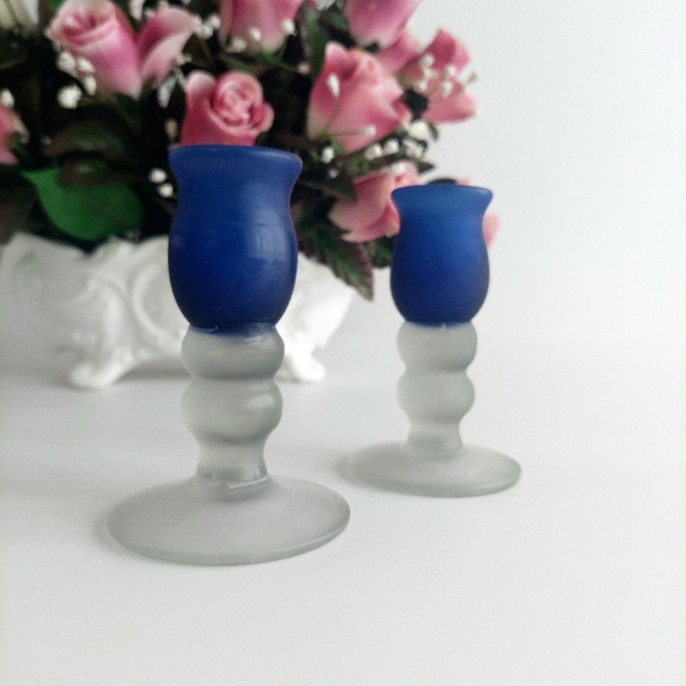 Hand Blown Cobalt Blue Satin Glass Candlestick Holders Set of 2